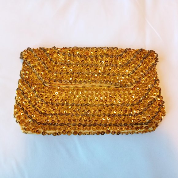Vintage Yellow Gold Beaded Sequined Evening Accessory Clutch/Handbag/Purse - Picture 3 of 13